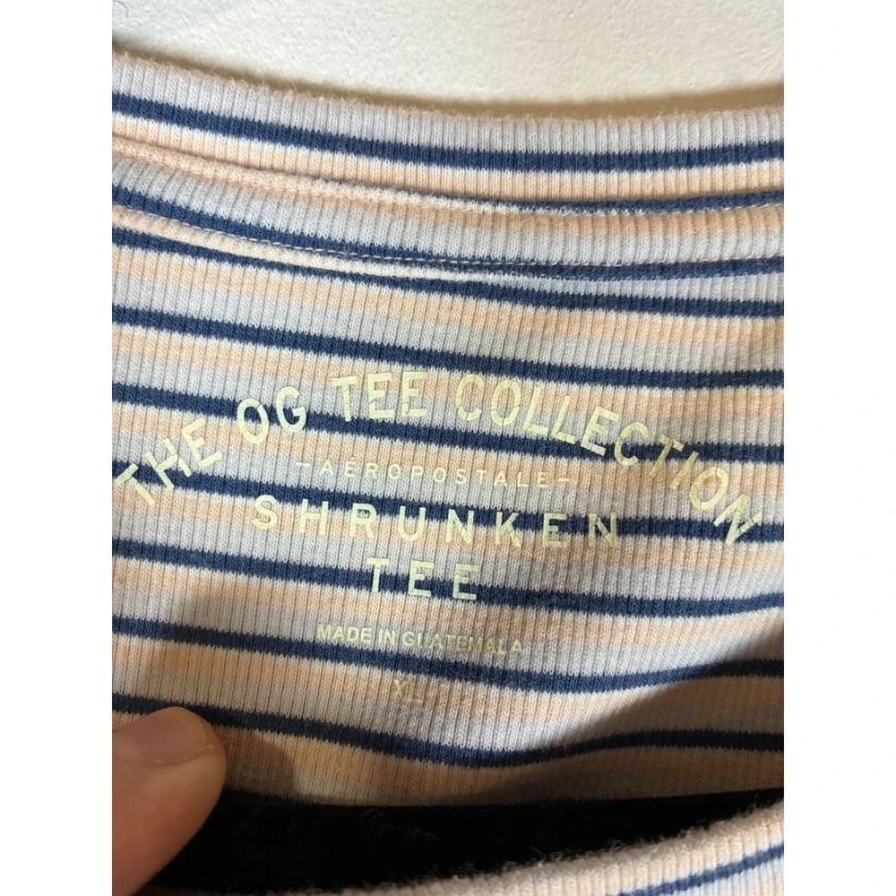 XL Pink Blue Striped Baby Tee Cropped Ribbed Lettuce Hem Y2K Coastal Top